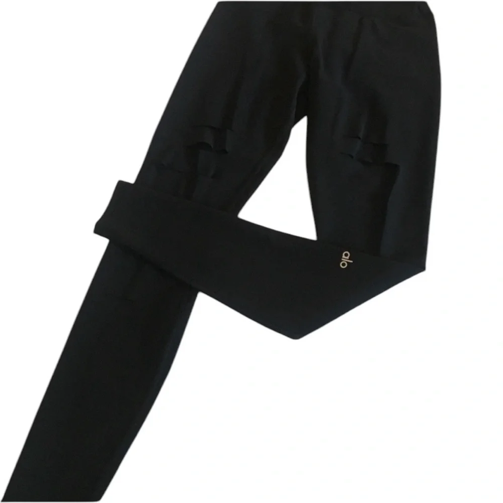 ALO YOGA WARRIOR HIGH RISE WAIST EDGY GOTH BLACK RIPPED SLASHES LEGGINGS S